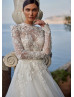 Long Sleeves Beaded Ivory Lace Tulle Floral Garden Wedding Dress